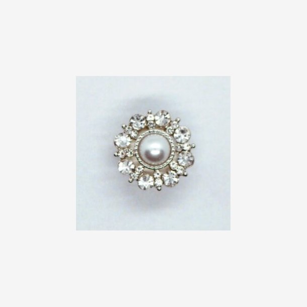 Knap med je 15 mm - Slvfarvet/Perle/Crystal