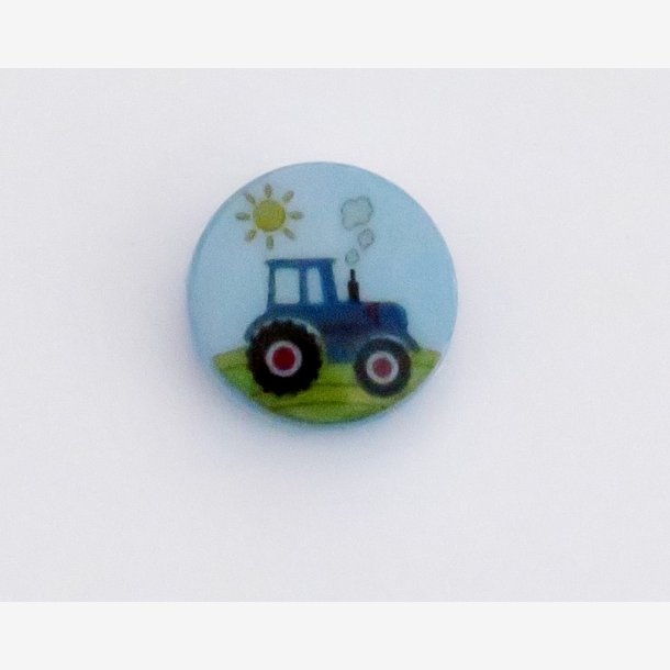 Plastikknap - Traktor m. forskellig baggrund Traktor - bl&aring; baggrund 